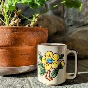 Vintage 70s Stoneware Flower Ceramic Mug Boho Retro MCM